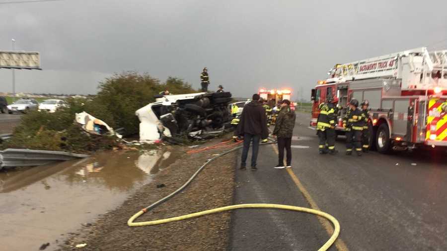 A big rig crashed and overturned on a pickup truck on Interstate 5 in Natomas on Sunday, Jan. 22, 2017, the Sacramento Fire Department said.