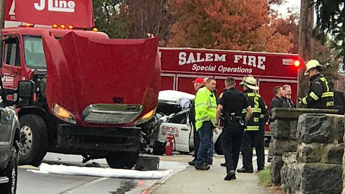 Fuel leaks from tractortrailer after crash in Salem