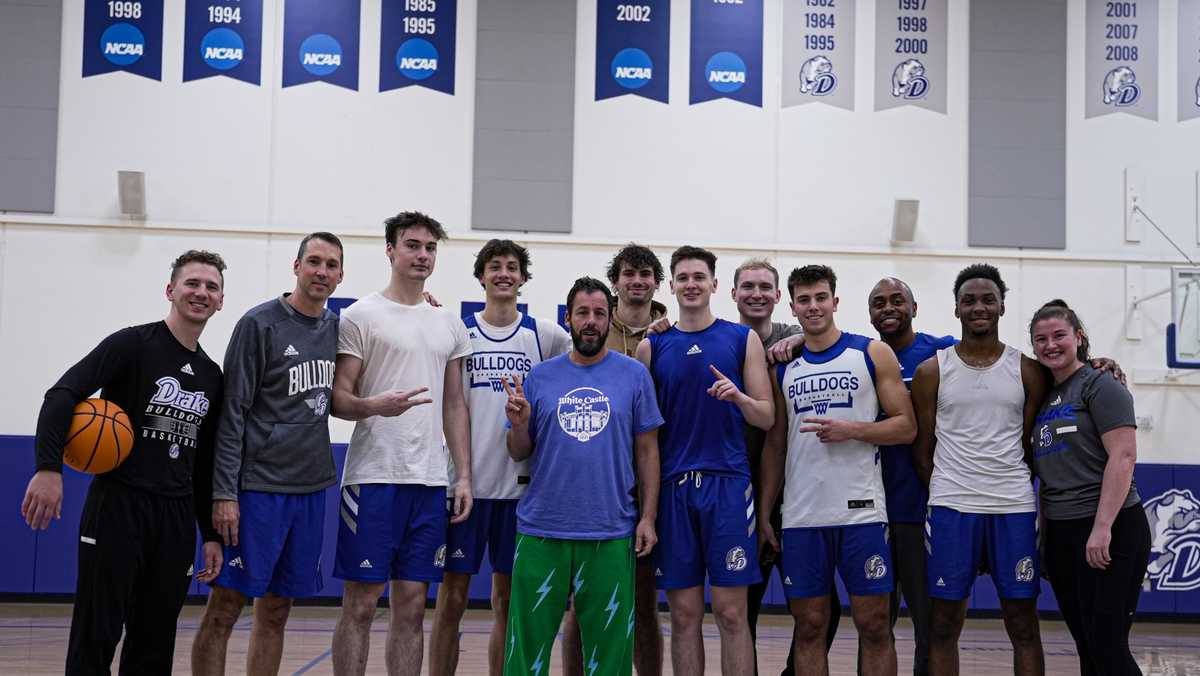 In Des Moines, Adam Sandler plays basketball at Drake University