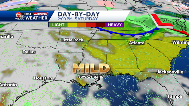 New Orleans weather forecast high Sunday rain chances Monday