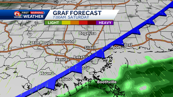 New Orleans weather forecast Saturday rain chances high temp