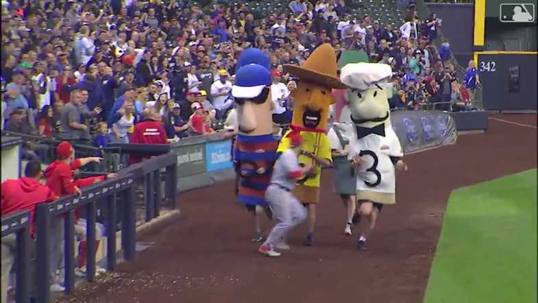 05 April 2016: The Famous Racing Sausages race in-between innings