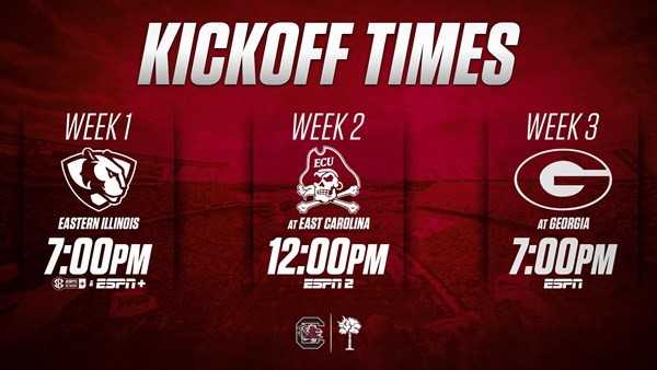 South Carolina and the SEC announced kickoff times for the first three weeks of the 2021 season on Thursday.