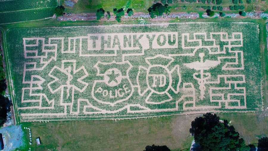 The 2020 corn maze design at Schartner Farm in Bolton, Massachusetts, pays tribute to first responders, who "sacrificed their own safety during this pandemic."