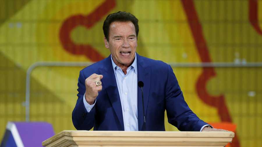Former California Gov. Arnold Schwarzenegger speaks at the first New Way California Summit, a political committee eager to reshape the state GOP, at the Hollenbeck Youth Center in Los Angeles, Wednesday, March 21, 2018. 