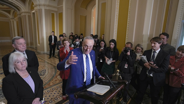 Senate Majority Leader Chuck Schumer, D-N.Y., speaks to reporters, at the Capitol in Washington, Tuesday, Nov. 15, 2022.