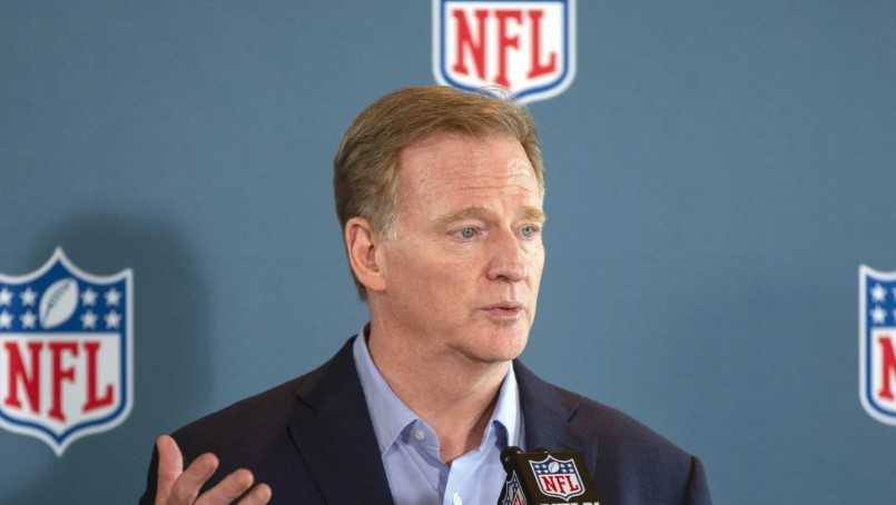 A screen grab of NFL commissioner Roger Goodell speaking from his