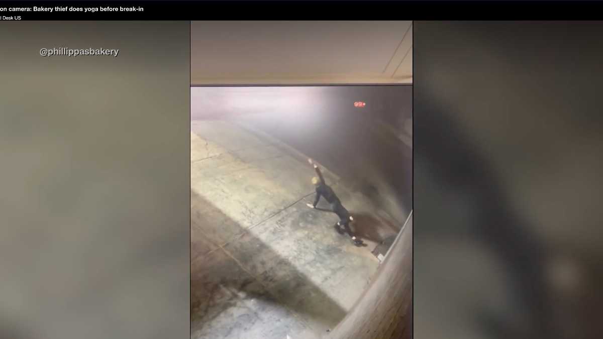 Watch Bakery thief caught on camera doing yoga before breakin