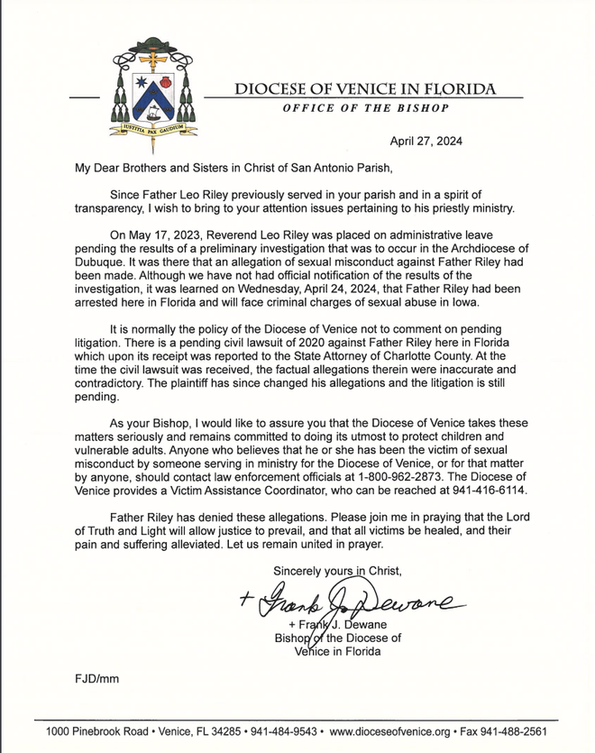 Bishop Dewane Letter to Parishioners regarding Father Leo Riley