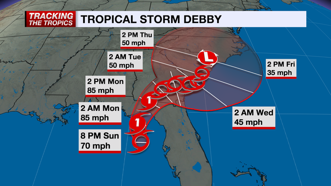 Tropical Storm Debby cone as of 8 p.m.