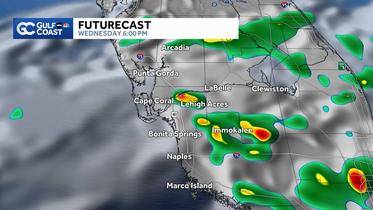 Scattered inland storms Wednesday with muggy conditions