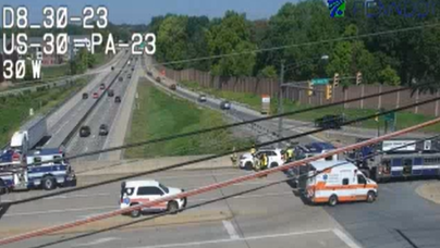 Two-vehicle crash blocks road near Route 30 in Lancaster County, Pa.