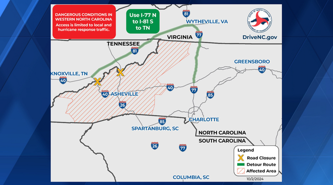 North Carolina travel to Tennessee I-77 detour route after Helene ...