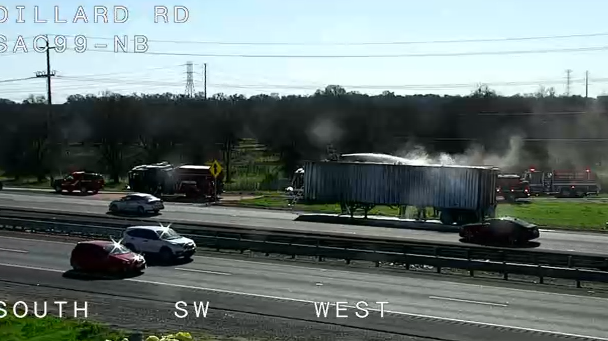 Semi-truck catches fire on Highway 99 in Sacramento County