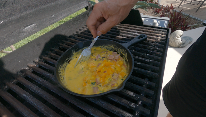 The iguana egg scramble after a few minutes on the grill.﻿