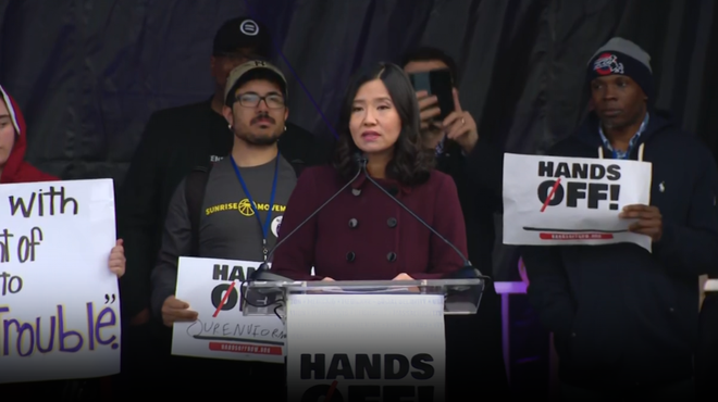 Mayor Michelle Wu speaks at Hands Off! rally in Boston