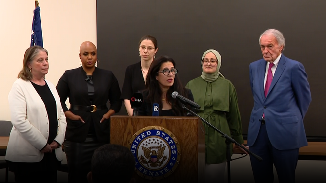 Rümeysa Öztürk speaking at Logan airport after his return from the detention of ice in Louisiana