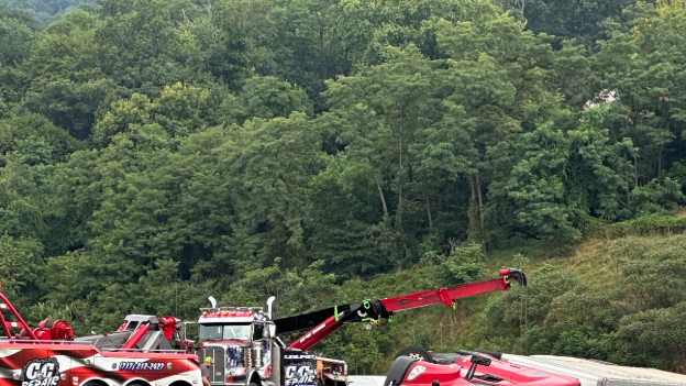 Tractor-trailer overturns off I-81 ramp in Cumberland County, Pa.