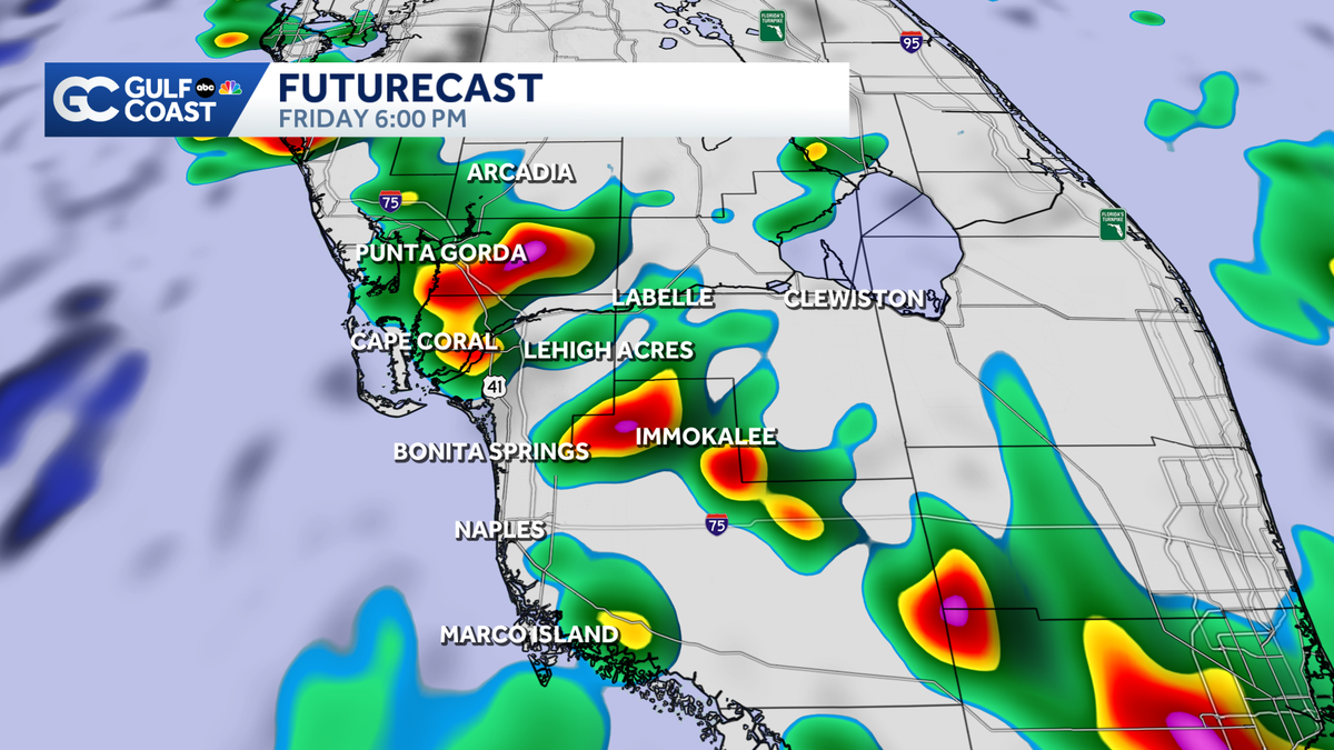 Coastal showers in the morning turn into inland storms this afternoon
