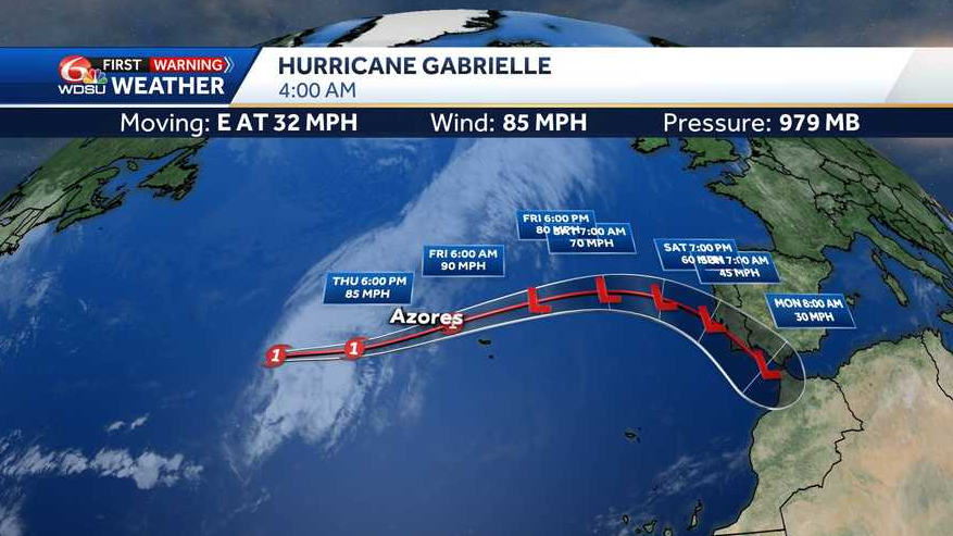Hurricane Gabrielle now Category 1, approaching the Azores