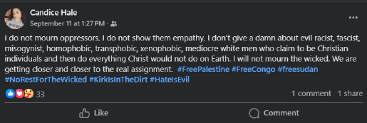 facebook&#x20;post&#x20;from&#x20;candice&#x20;hale&#x20;concerning&#x20;the&#x20;death&#x20;of&#x20;charlie&#x20;kirk