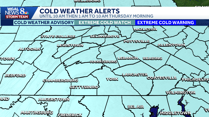 NWS issues third cold weather advisory this week for south-central Pennsylvania