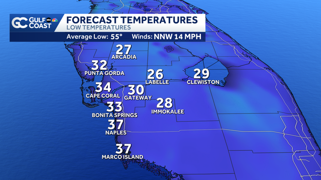 Temps to fall to freezing levels for most of Florida's Gulf Coast
