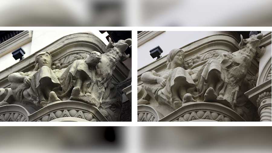 This combo pictures shows a sculpture before (right) and after being restored (left) on the exterior of an ornate office building in the city of Palencia, Spain, Wednesday, Nov. 11, 2020. Restoration work on a sculpture in northern Spain has resurrected memories of a restored Christ fresco in another Spanish city eight years ago that drew ridicule as well as tourists.