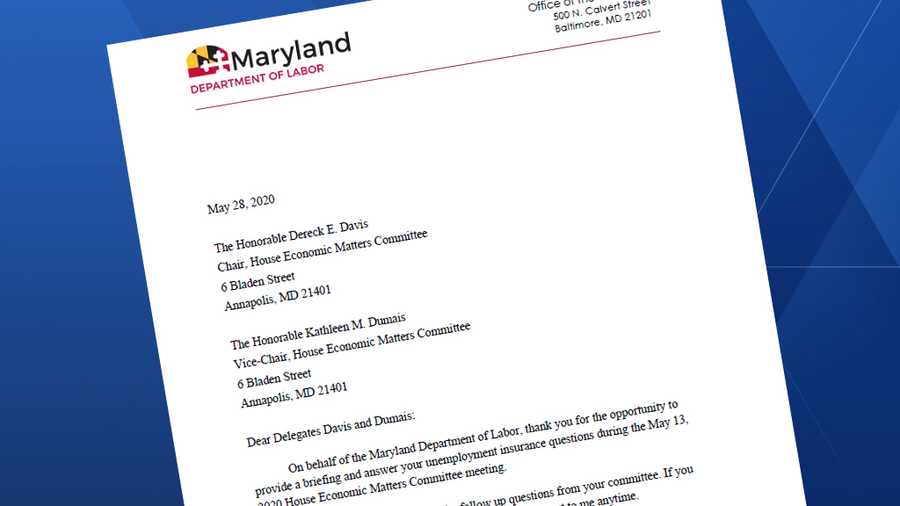 Maryland Labor Secretary Tiffany Robinson's letter to answer lawmakers' questions.