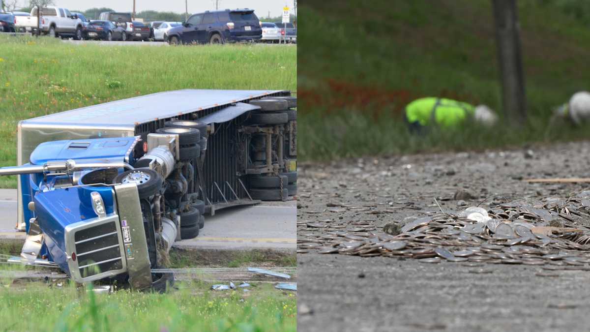 Tractor-trailer overturns, spills 8 million dimes on Texas highway