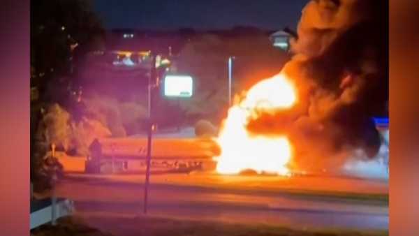 gasoline tanker erupts in flames after hitting power lines in texas