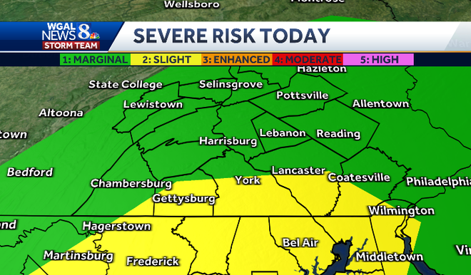 Scattered storms today in south-central Pennsylvania