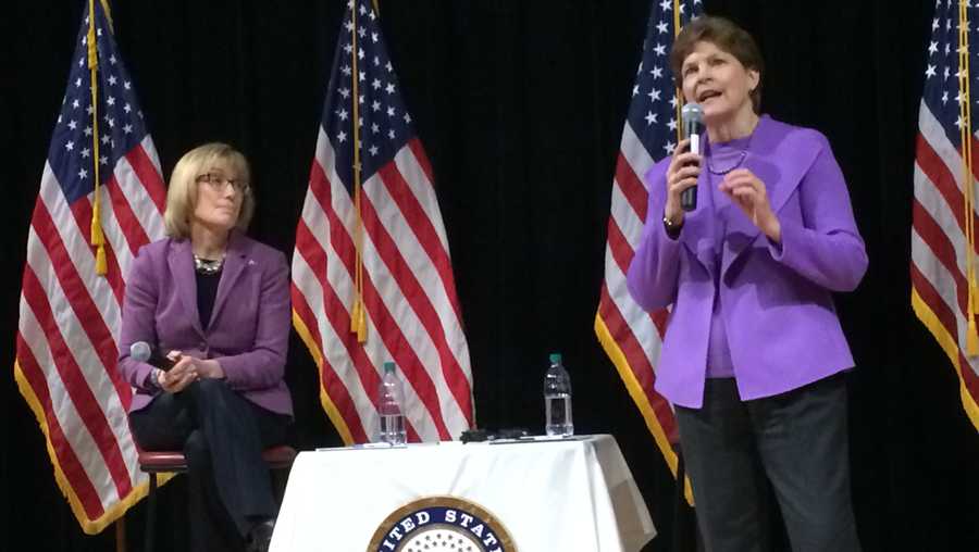 Sens. Maggie Hassan (left) and Jeanne Shaheen, seen at a February joint town hall in Concord, are among sponsors of a bill to streamline the Department of Veterans Affairs' disability claims appeals process