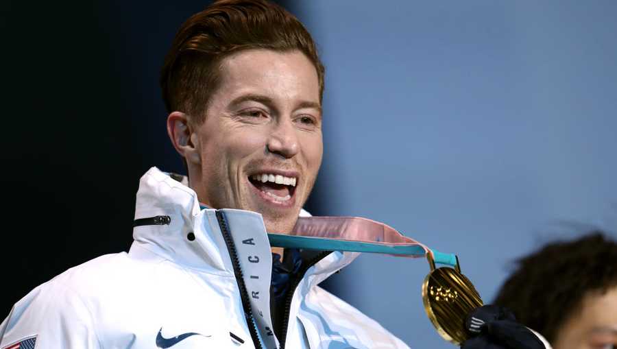 USA's Shaun White with his gold medal after victory in the Men's Halfpipe Snowboard during the medal ceremony at the Medal Plaza during day five of the PyeongChang 2018 Winter Olympic Games in South Korea. 