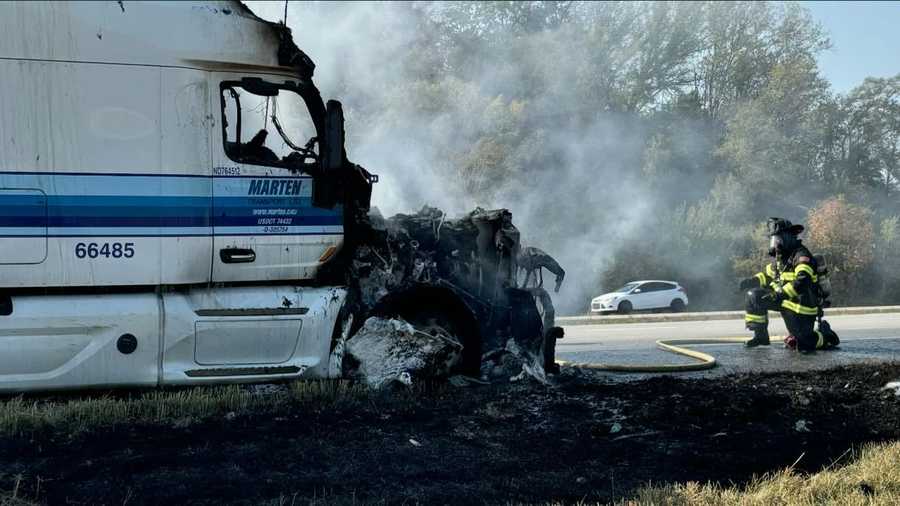 Semitruck fire Firefighters extinguish tractortrailer fire on I435