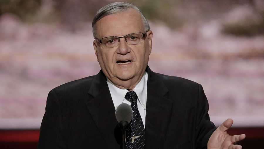 This July 21, 2016 photo shows Sheriff Joe Arpaio of Maricopa County, Ariz., speaks during the final day of the Republican National Convention in Cleveland.