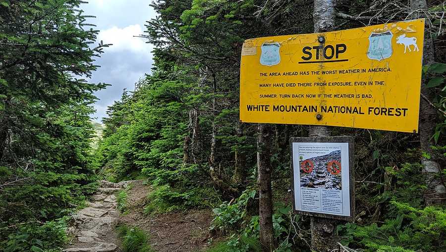 FILE -- Sign posted by the US Forest Service in the Presidential Range of the White Mountain National Forest warning of the dangerous conditions beyond.