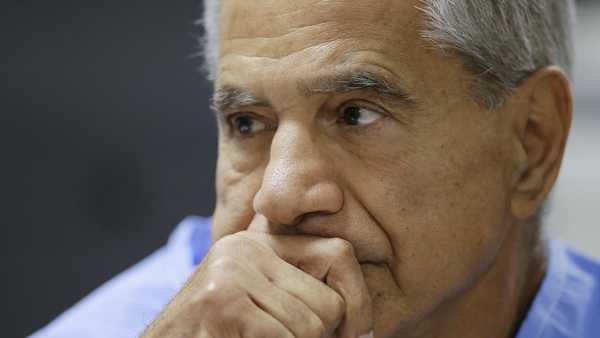 FILE - Sirhan Sirhan reacts during a parole hearing on Feb. 10, 2016, at the Richard J. Donovan Correctional Facility in San Diego.