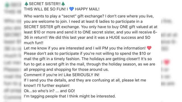 BBB reminds Facebook users 'Secret Sister' gift exchange is a scam