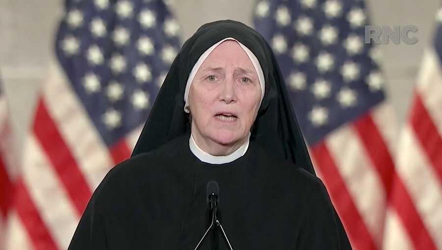 In this screenshot from the RNC’s livestream of the 2020 Republican National Convention, Sister Dede Byrne, surgeon, military veteran and member of the Little Workers of the Sacred Hearts of Jesus and Mary, addresses the virtual convention on August 26, 2020.