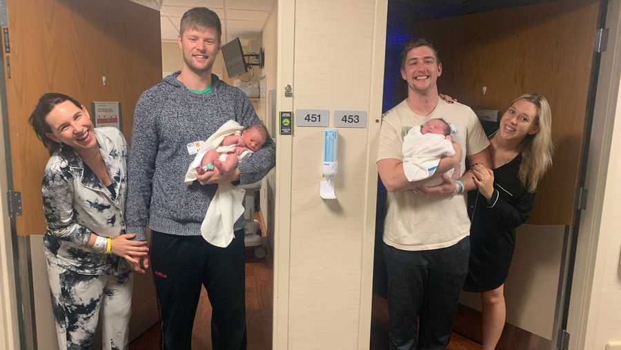Ashley and John Carruth and Joe and Brittany Schille (left to right) hold their newborn sons Cassius John Carruth and Zander Paul Schille.