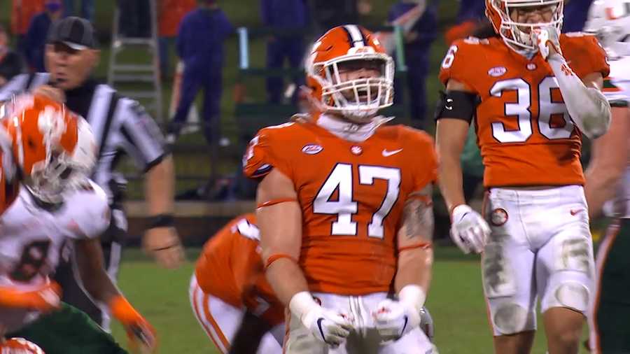James Skalski celebrates aftera  4th down stop against Miami during the Tigers 42-17 win against the Hurricanes on Oct. 10, 2020.