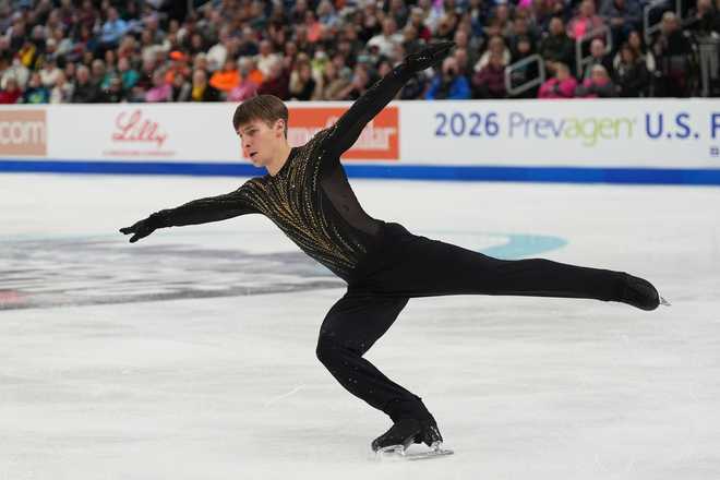 Andrew Torgashev competes during the men's free skate competition at the U.S. Figure Skating Championships.