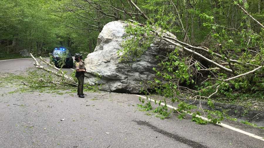 A large boulder that is blocking part of Route 108 in Cambridge, Vermont, after a rock slide in Smugglers' Notch on May 31, 2020.