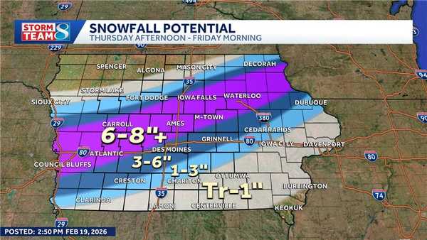 ﻿Iowa's snow forecast calls for up to 8 inches Thursday evening into Friday morning.