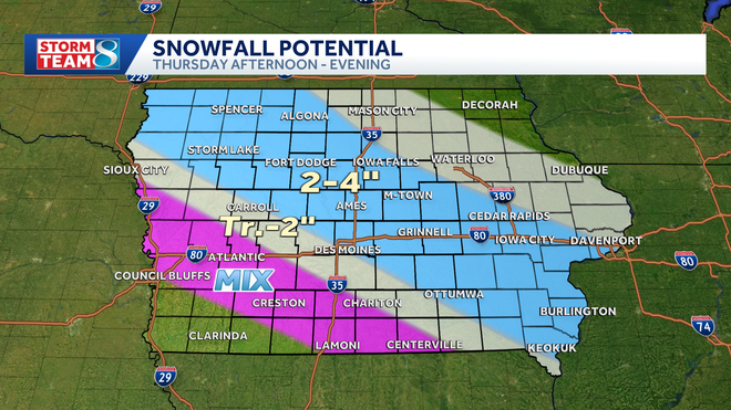 iowa snow forecast through thursday evening