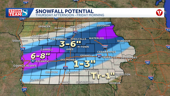 Se pronostica nieve en Iowa hasta el jueves por la noche; la más intensa caerá en partes del centro y noreste de Iowa.