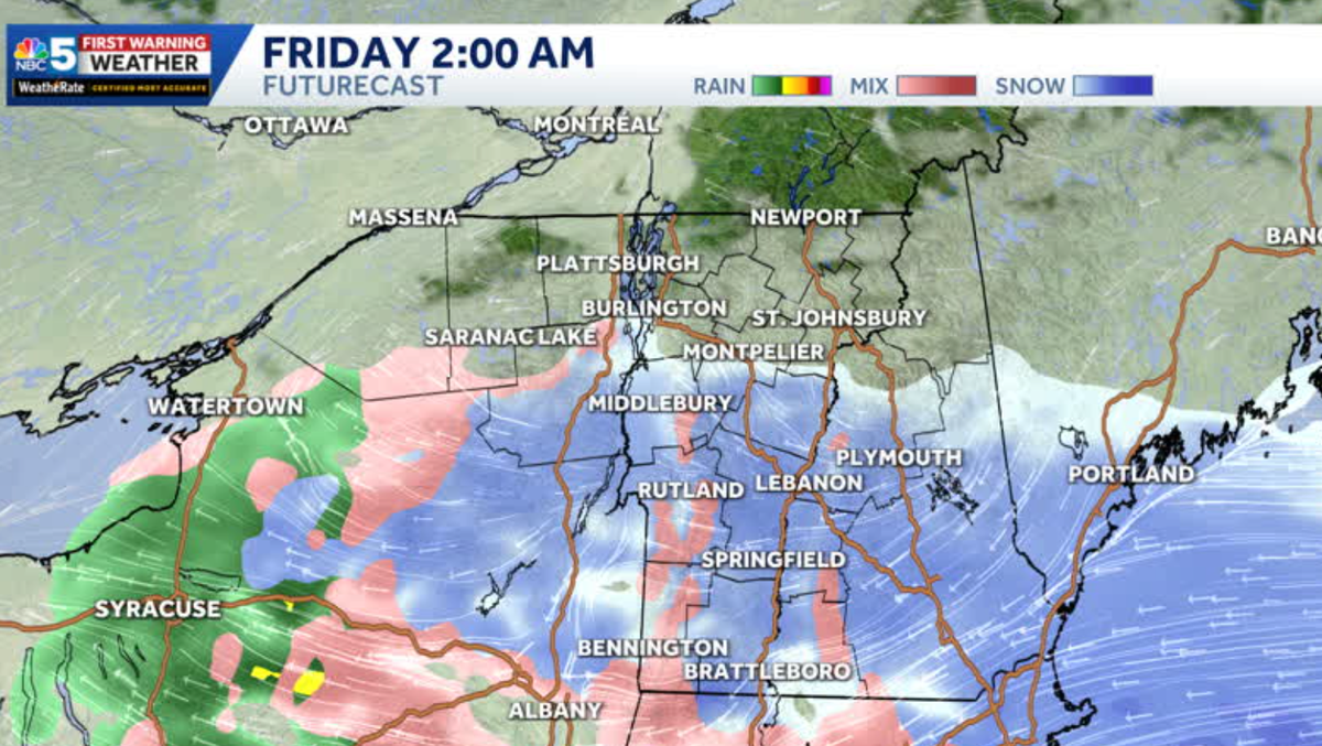 Hourly timing for snow, ice in Vermont, Northern New York
