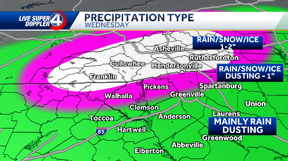 South Carolina Rain, snow predictions for Wednesday