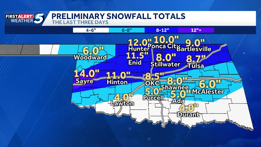 How much snow fell in Oklahoma during the winter storm?